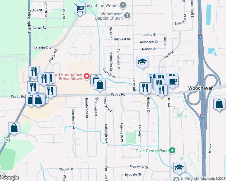map of restaurants, bars, coffee shops, grocery stores, and more near 22520 West Road in Woodhaven