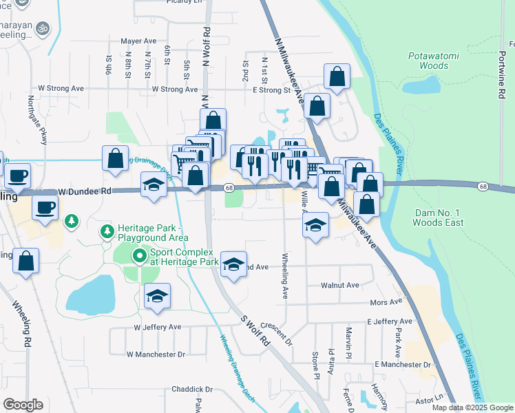 map of restaurants, bars, coffee shops, grocery stores, and more near 157 Center Avenue in Wheeling