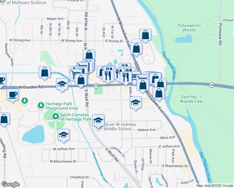 map of restaurants, bars, coffee shops, grocery stores, and more near 157 Center Avenue in Wheeling