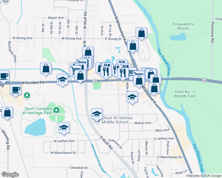 map of restaurants, bars, coffee shops, grocery stores, and more near 157 Center Avenue in Wheeling