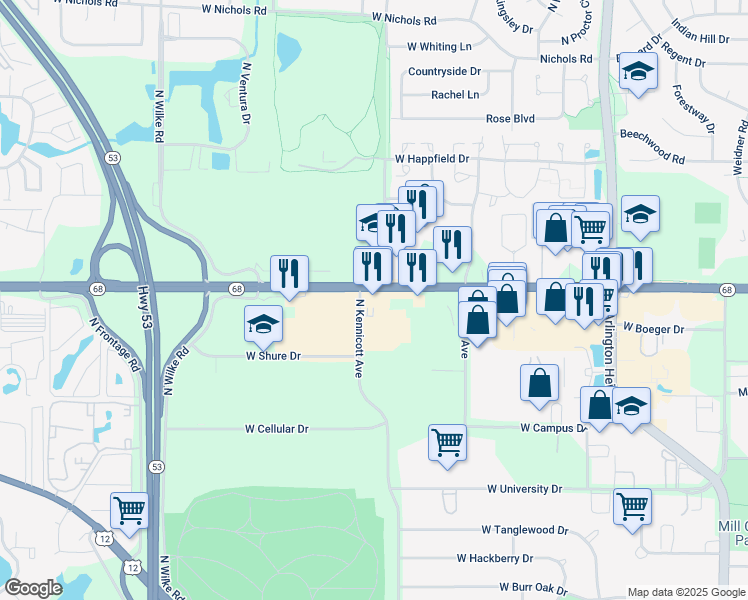 map of restaurants, bars, coffee shops, grocery stores, and more near 3436 North Kennicott Avenue in Arlington Heights
