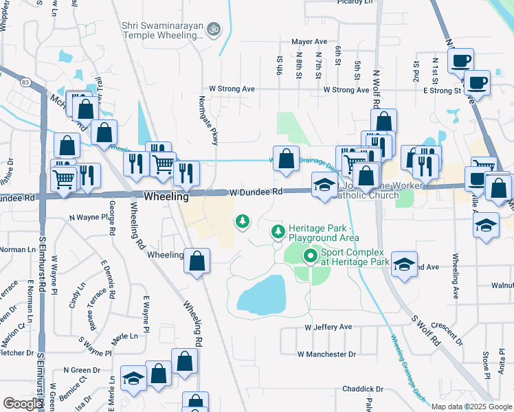 map of restaurants, bars, coffee shops, grocery stores, and more near 2 Community Boulevard in Wheeling