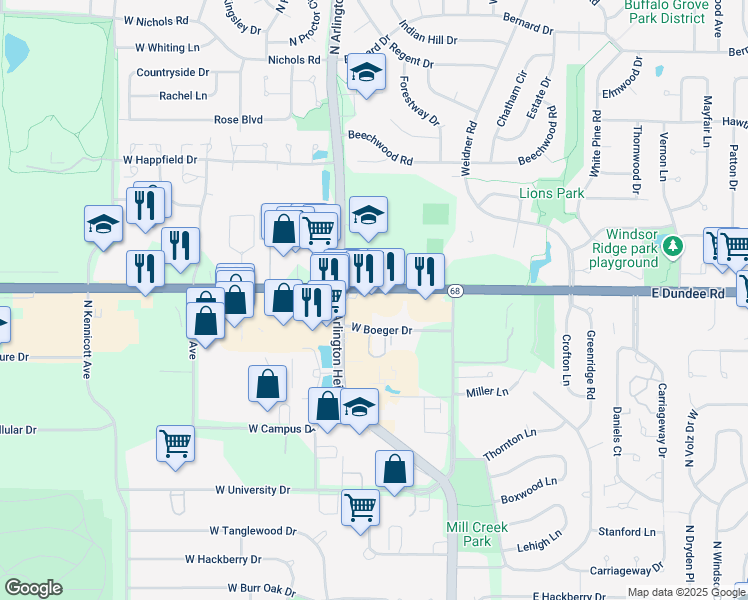 map of restaurants, bars, coffee shops, grocery stores, and more near 2-98 Dundee Rd in Buffalo Grove