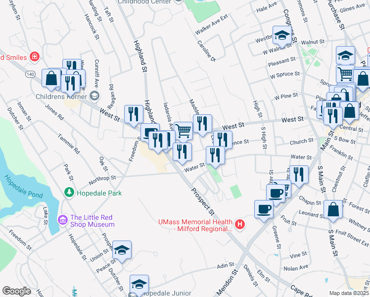 map of restaurants, bars, coffee shops, grocery stores, and more near 161 West Street in Milford