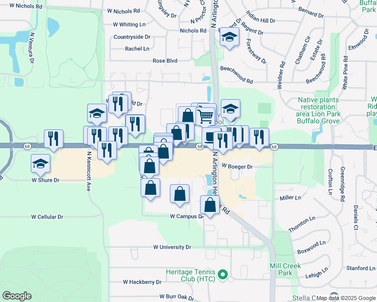 map of restaurants, bars, coffee shops, grocery stores, and more near 1206 West Dundee Road in Buffalo Grove