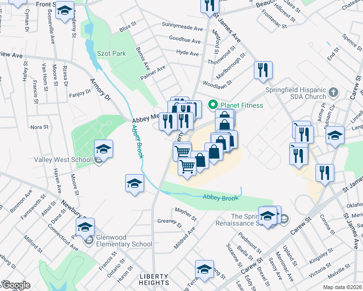 map of restaurants, bars, coffee shops, grocery stores, and more near 1277 Liberty Street in Springfield
