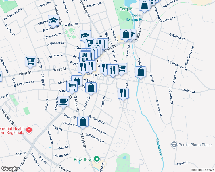 map of restaurants, bars, coffee shops, grocery stores, and more near 77 South Bow Street in Milford