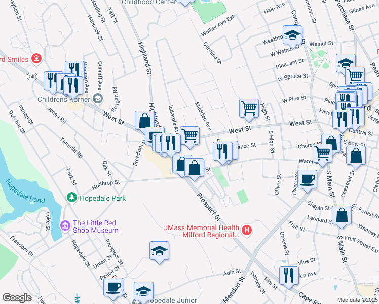 map of restaurants, bars, coffee shops, grocery stores, and more near 118 West Street in Milford