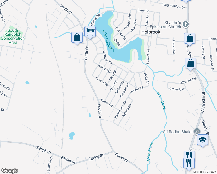 map of restaurants, bars, coffee shops, grocery stores, and more near 39 Glen Road in Holbrook