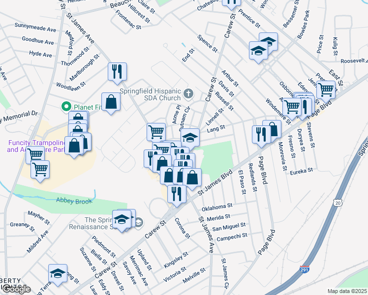 map of restaurants, bars, coffee shops, grocery stores, and more near 74 Ames Street in Springfield