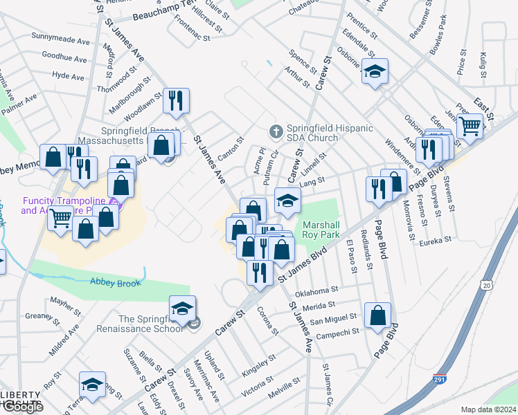 map of restaurants, bars, coffee shops, grocery stores, and more near 36 Ames Street in Springfield