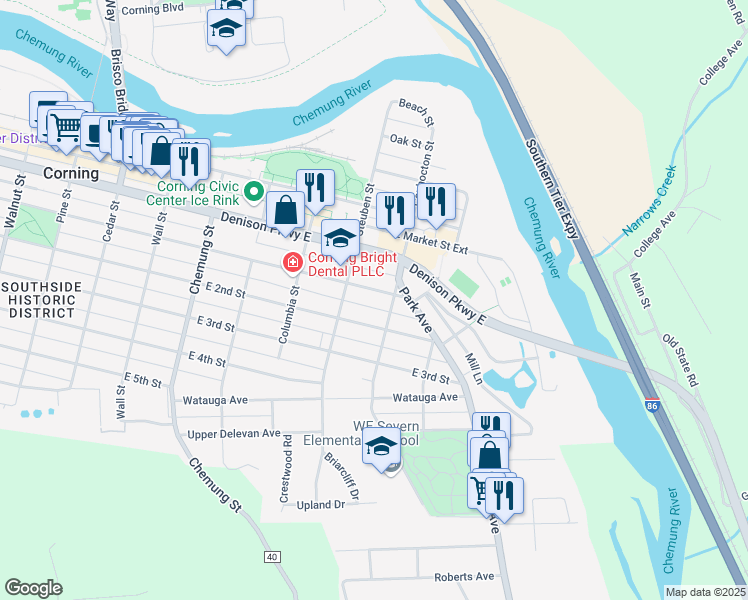 map of restaurants, bars, coffee shops, grocery stores, and more near 333 East 1st Street in Corning