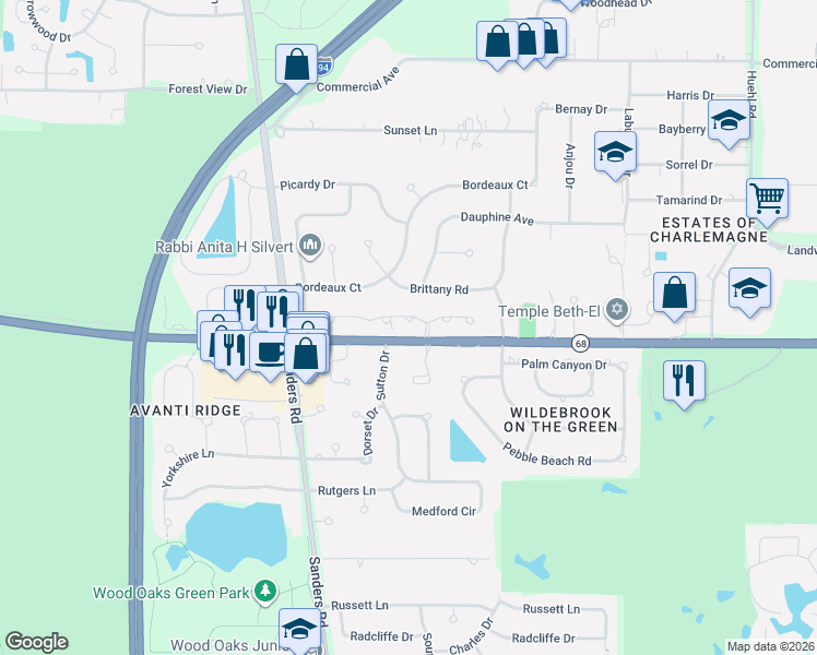 map of restaurants, bars, coffee shops, grocery stores, and more near 3915 Brittany Road in Northbrook