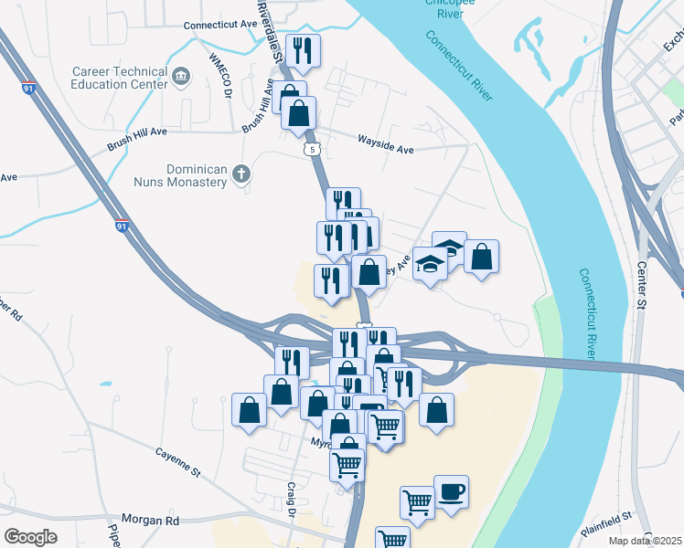 map of restaurants, bars, coffee shops, grocery stores, and more near 1290 Riverdale Street in West Springfield