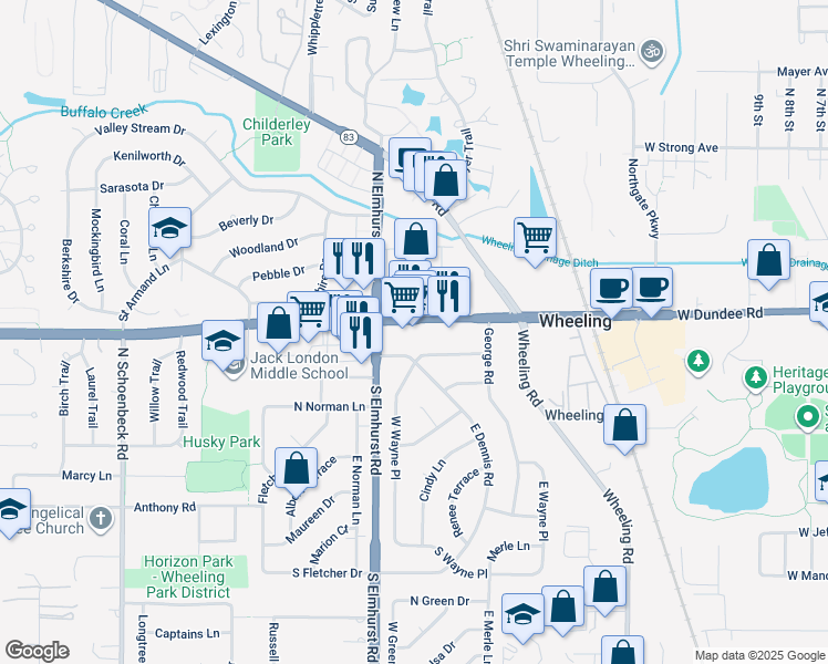 map of restaurants, bars, coffee shops, grocery stores, and more near 759 West Dundee Road in Wheeling