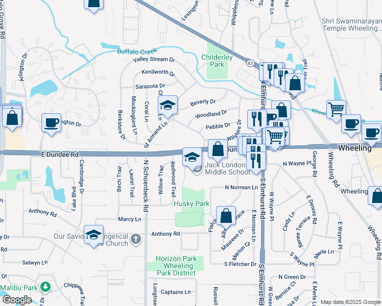 map of restaurants, bars, coffee shops, grocery stores, and more near 999 W Dundee Rd in Wheeling