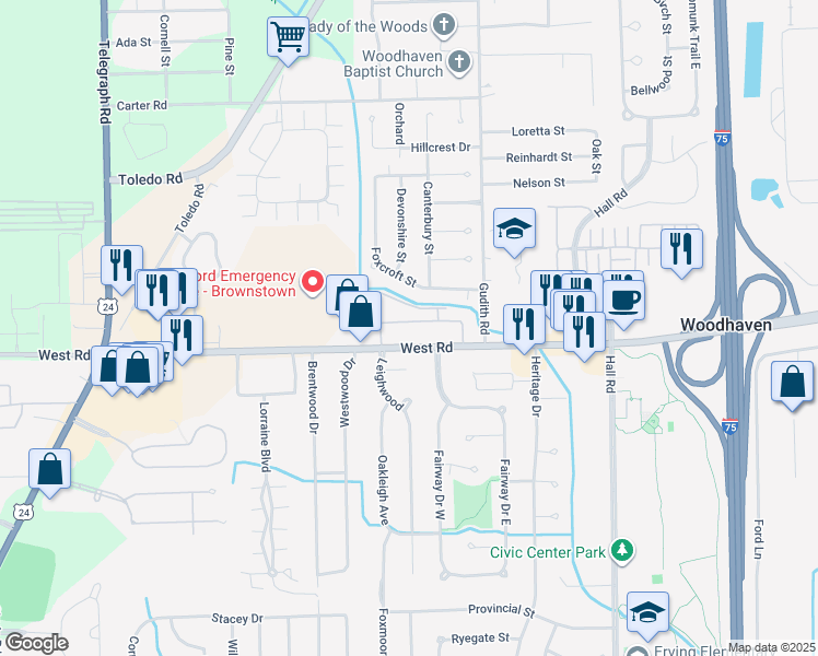 map of restaurants, bars, coffee shops, grocery stores, and more near 22660 Foxcroft Street in Trenton