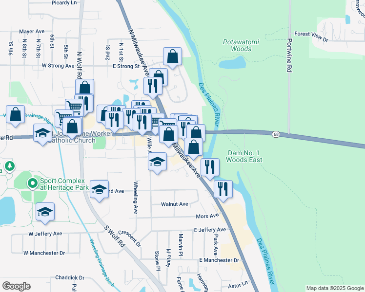 map of restaurants, bars, coffee shops, grocery stores, and more near 56 South Milwaukee Avenue in Wheeling