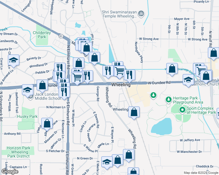 map of restaurants, bars, coffee shops, grocery stores, and more near 534a West Dundee Road in Wheeling