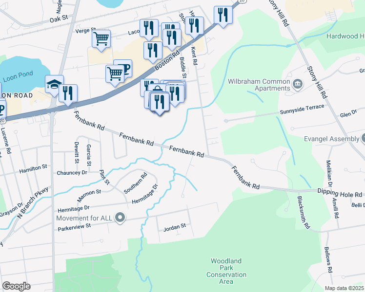 map of restaurants, bars, coffee shops, grocery stores, and more near 320 Fernbank Road in Springfield