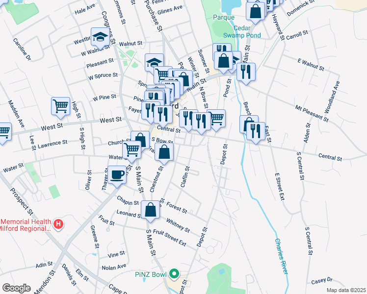map of restaurants, bars, coffee shops, grocery stores, and more near in Milford