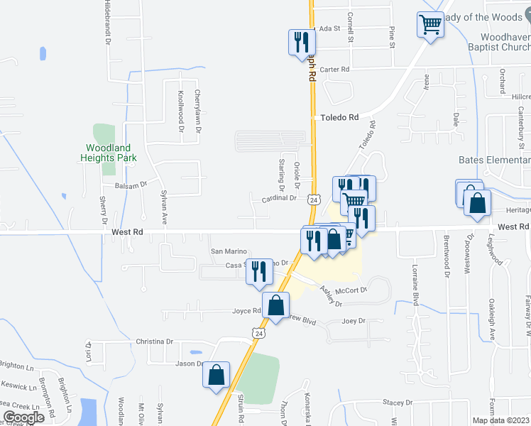map of restaurants, bars, coffee shops, grocery stores, and more near 22750 Telegraph Road in Brownstown Charter Township