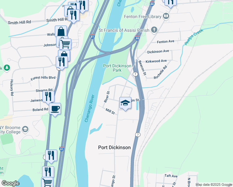 map of restaurants, bars, coffee shops, grocery stores, and more near 4 Lincoln Street in Binghamton