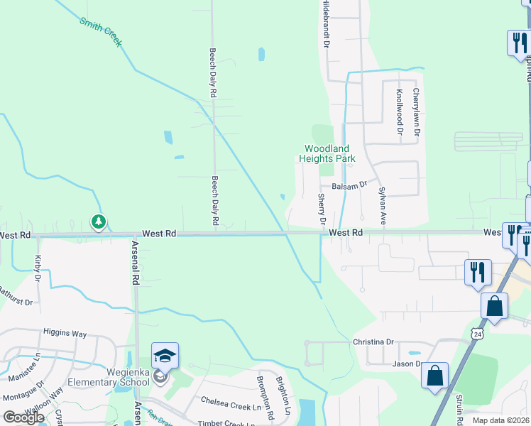 map of restaurants, bars, coffee shops, grocery stores, and more near 25410 West Road in Wayne County