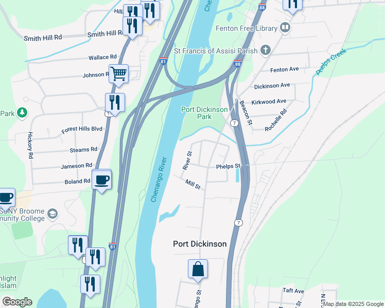 map of restaurants, bars, coffee shops, grocery stores, and more near 28 River Street in Binghamton