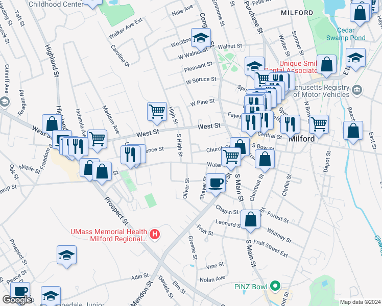 map of restaurants, bars, coffee shops, grocery stores, and more near 44 Bancroft Avenue in Milford