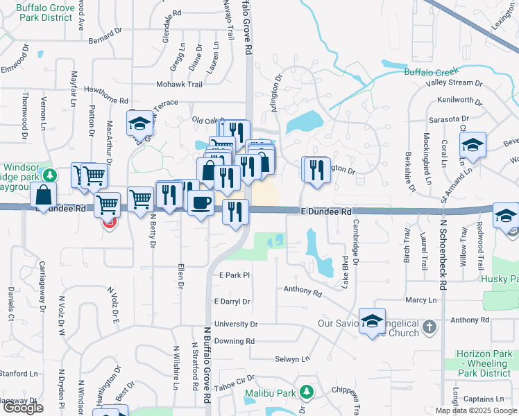 map of restaurants, bars, coffee shops, grocery stores, and more near 30 East Dundee Road in Buffalo Grove