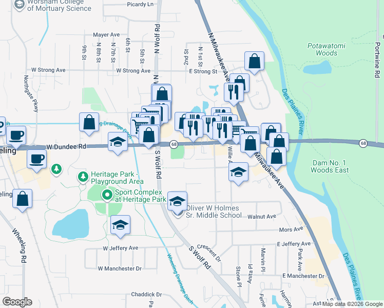 map of restaurants, bars, coffee shops, grocery stores, and more near 99 East Dundee Road in Wheeling