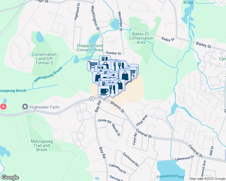 map of restaurants, bars, coffee shops, grocery stores, and more near 35 Washington Street in Canton
