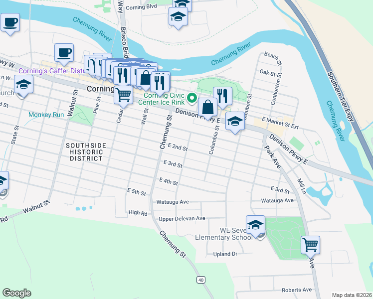 map of restaurants, bars, coffee shops, grocery stores, and more near 198 East 2nd Street in Corning