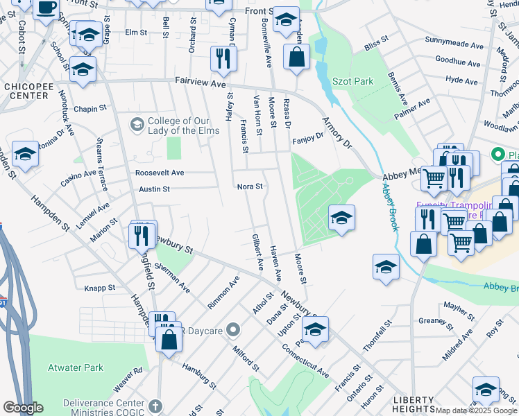 map of restaurants, bars, coffee shops, grocery stores, and more near 156 Haven Avenue in Chicopee