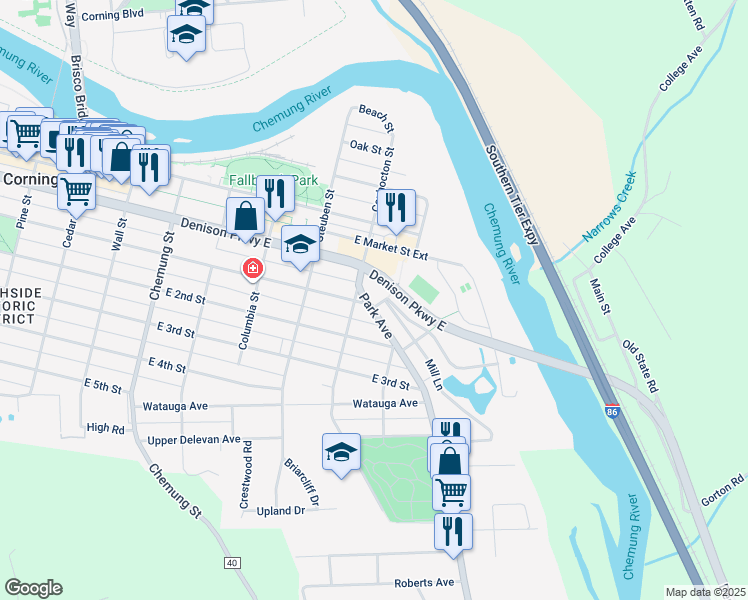 map of restaurants, bars, coffee shops, grocery stores, and more near 154 Park Avenue in Corning