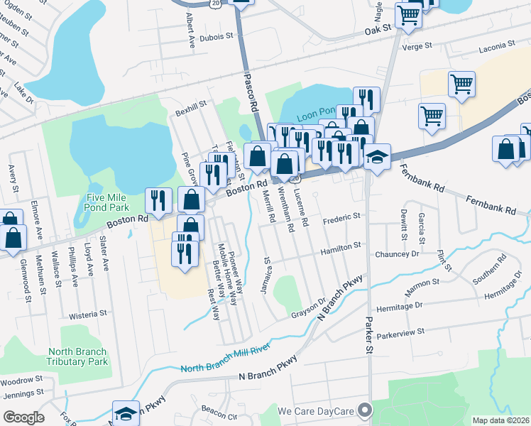 map of restaurants, bars, coffee shops, grocery stores, and more near 24 Merrill Road in Springfield