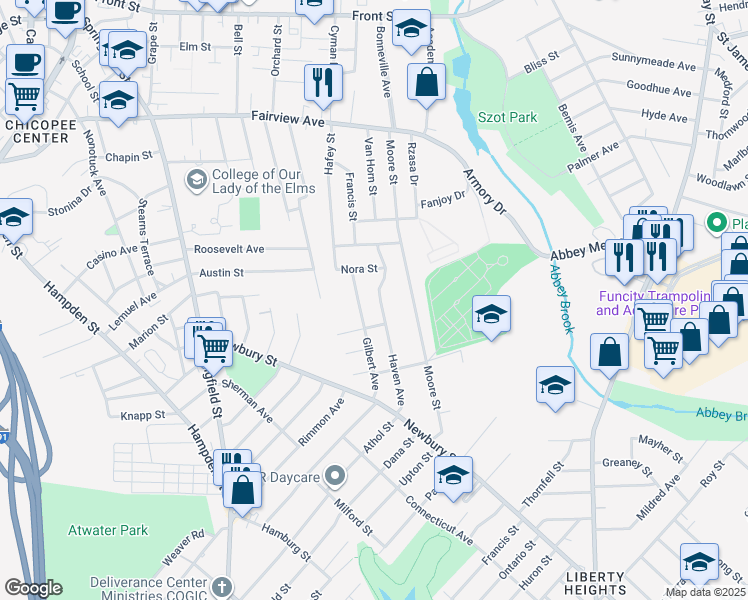 map of restaurants, bars, coffee shops, grocery stores, and more near 156 Haven Avenue in Chicopee