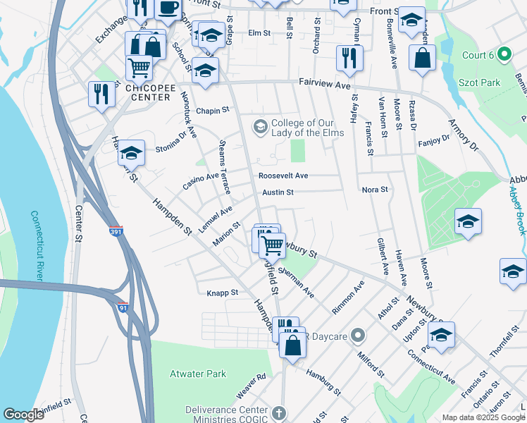 map of restaurants, bars, coffee shops, grocery stores, and more near 385 Springfield Street in Chicopee