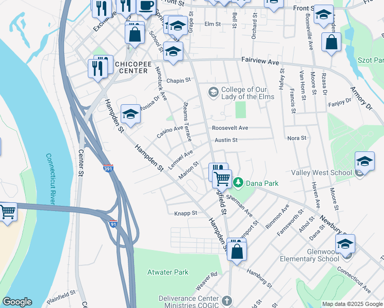 map of restaurants, bars, coffee shops, grocery stores, and more near 135 Stearns Terrace in Chicopee