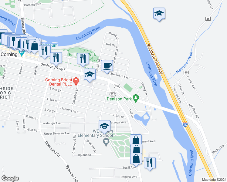 map of restaurants, bars, coffee shops, grocery stores, and more near 154 Park Avenue in Corning