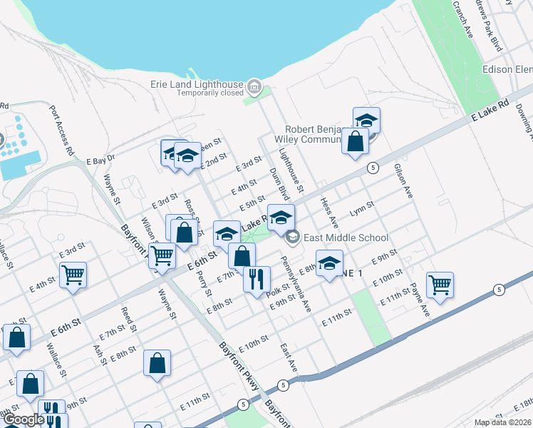 map of restaurants, bars, coffee shops, grocery stores, and more near 1109 East 5th Street in Erie