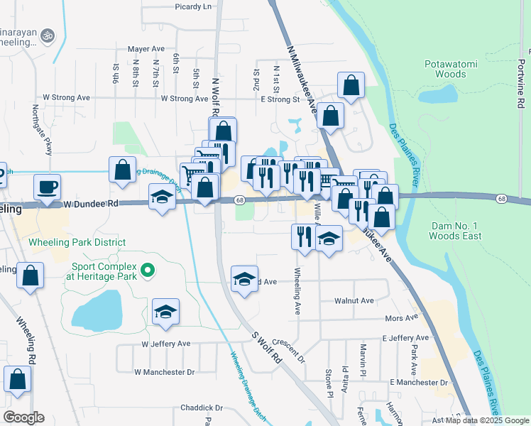 map of restaurants, bars, coffee shops, grocery stores, and more near 99 East Dundee Road in Wheeling