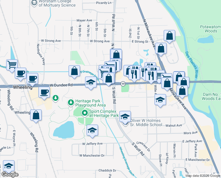 map of restaurants, bars, coffee shops, grocery stores, and more near 14 West Dundee Road in Wheeling