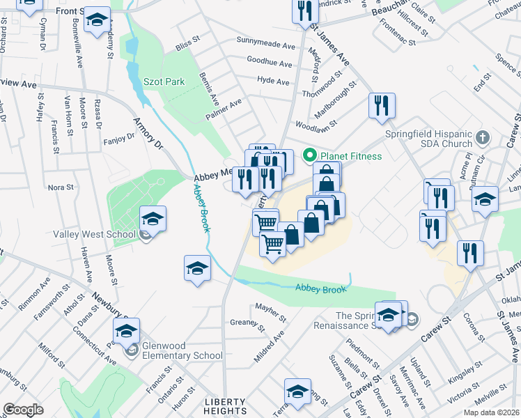 map of restaurants, bars, coffee shops, grocery stores, and more near 1277 Liberty Street in Springfield