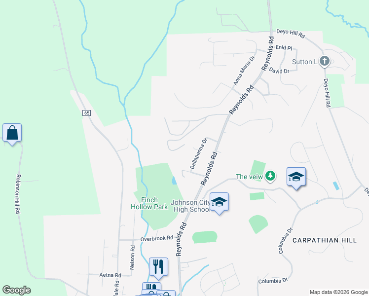 map of restaurants, bars, coffee shops, grocery stores, and more near 1025 Reynolds Road in Johnson City