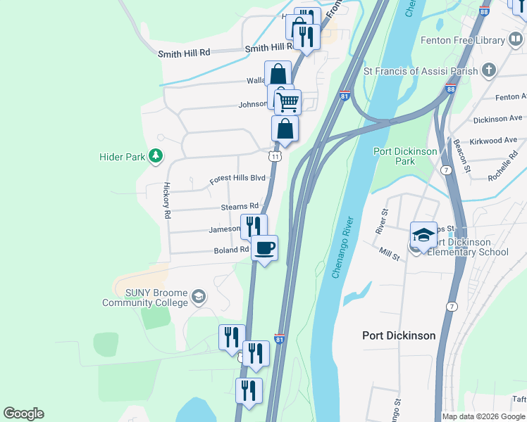 map of restaurants, bars, coffee shops, grocery stores, and more near 919 U.S. 11 in Binghamton