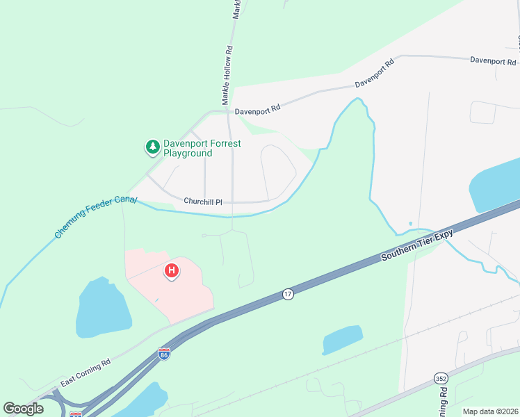 map of restaurants, bars, coffee shops, grocery stores, and more near 1-19 Churchill St in Big Flats
