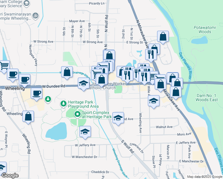 map of restaurants, bars, coffee shops, grocery stores, and more near 11 East Dundee Road in Wheeling