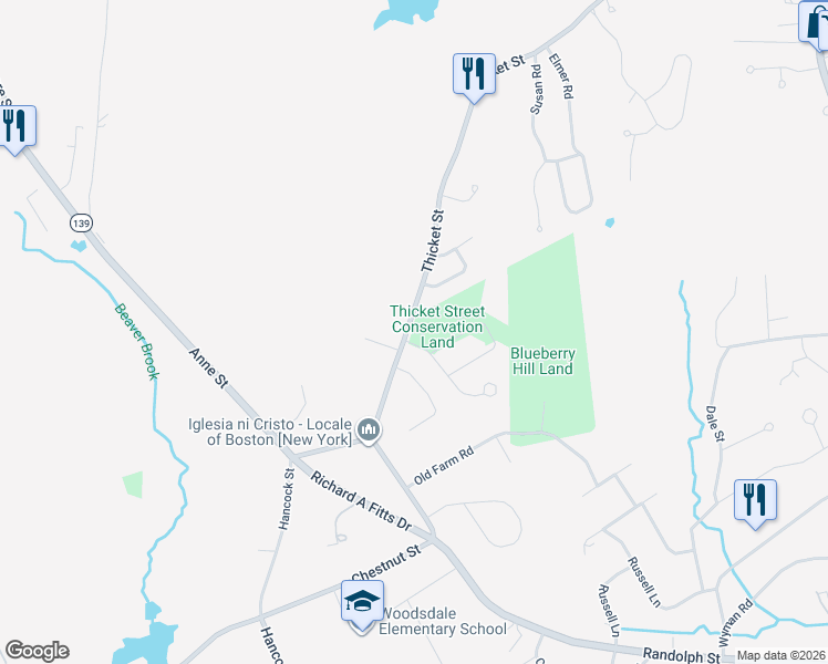 map of restaurants, bars, coffee shops, grocery stores, and more near 118 Thicket Street in Abington